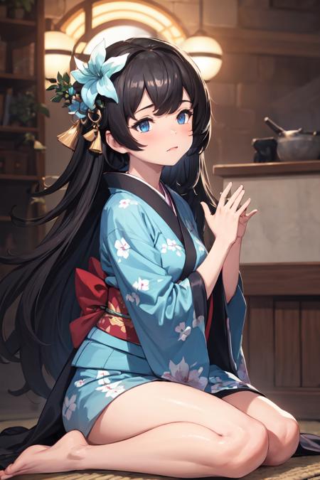 2501646-1011792330-masterpiece, best quality, absurdres, perfect anatomy, 1girl, solo, Malluel, indoors, kimono, hair flower, floral print, wariza,.png